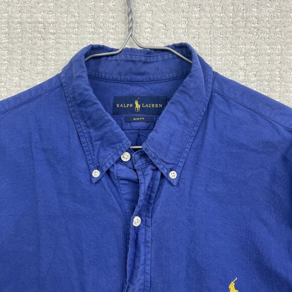 Vintage Ralph Lauren *Blue* w/ Logo Yellow Shirt Slim Fit Mens XL Button Down - Picture 5 of 16